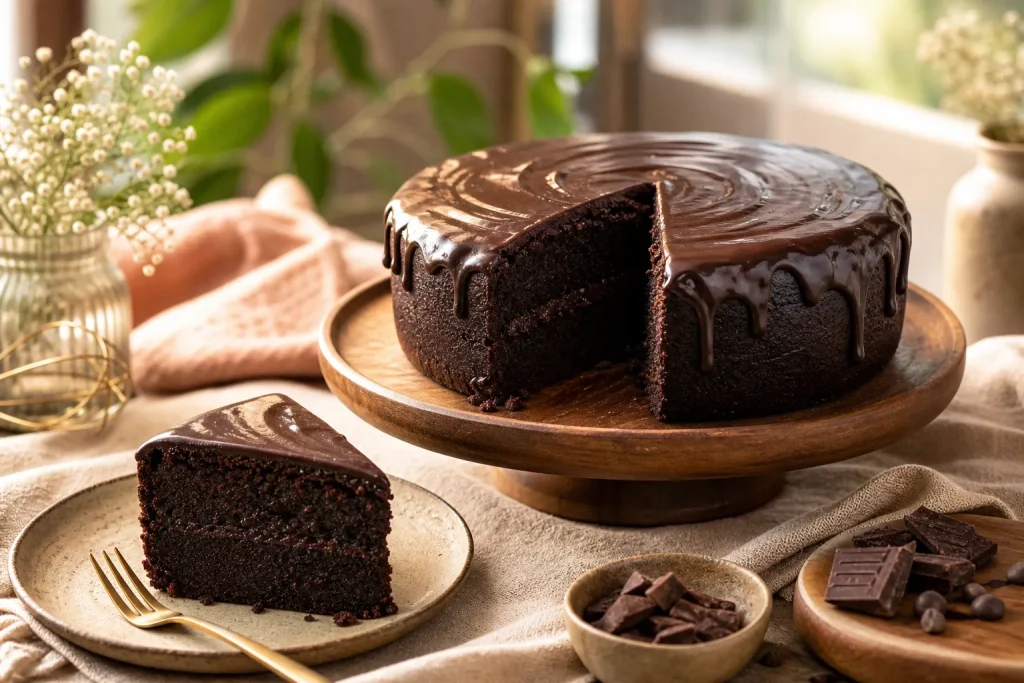 Rich chocolate mudcake with smooth chocolate ganache